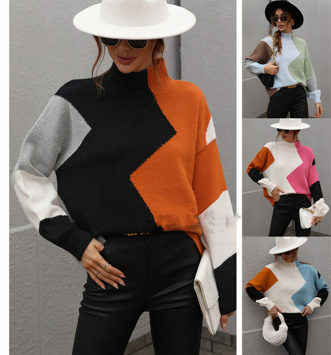 Women's Loose New Color-block Crew Neck Knitwear Sweater