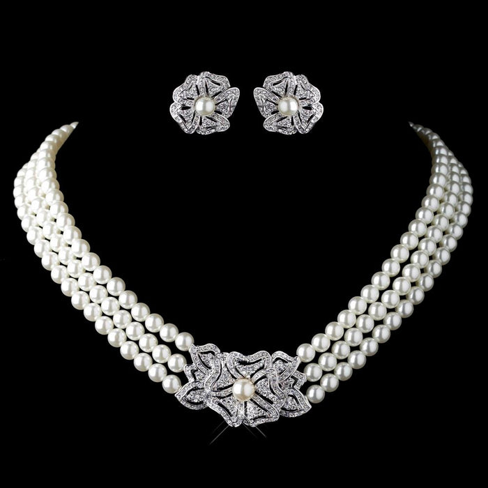Pearl Rhinestone Necklace Earrings Jewelry Set